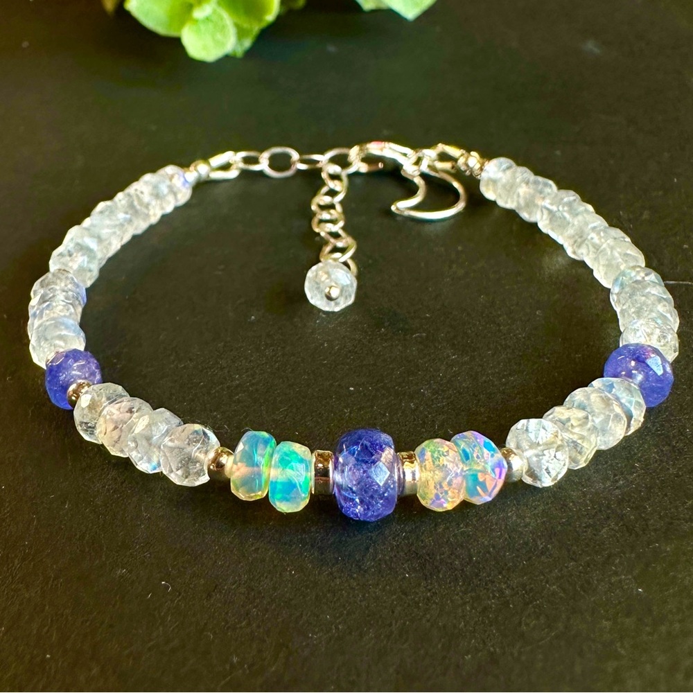 Tanzanite, Opal and Moonstone Bracelet Sterling Silver crescent dangle charm